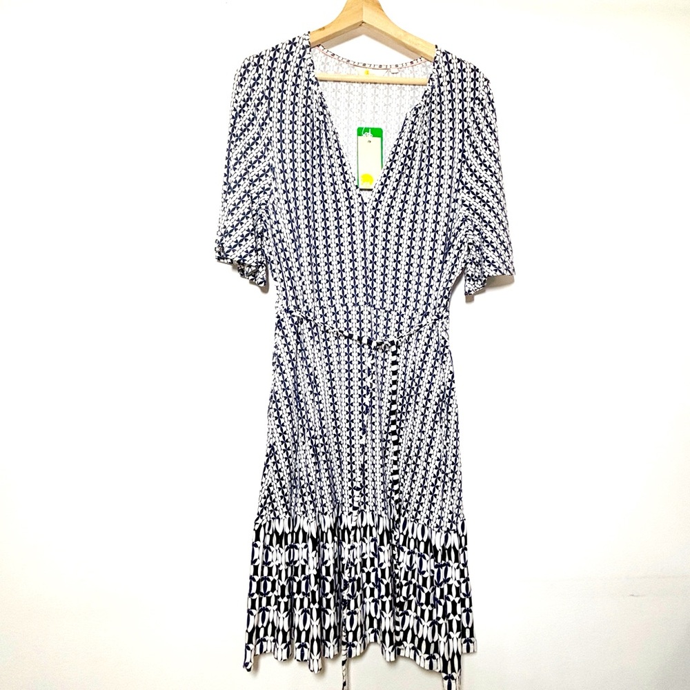 NWT Boden A-Line Jersey Dress Short Sleeves Ruffle Tie Waist Navy White Sz 12